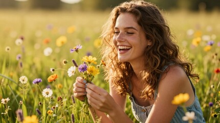 Naklejka premium Young woman laughing while picking flowers in sunny meadow