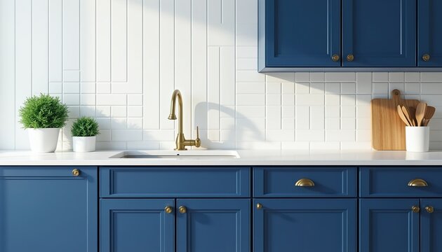 Blue kitchen cabinets with white subway tile backsplash and brass faucet. Countertop features sink, plants, and cutting board with utensils. Modern home interior detail.