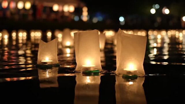 Floating lanterns illuminate a dark body of water at dusk