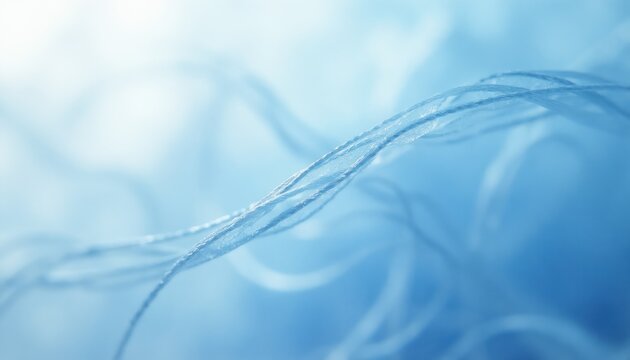 Close up abstract view of fine blue threads woven together forming wavy shapes. Soft focus background with light blue hues and blurred lines suggest movement and depth.