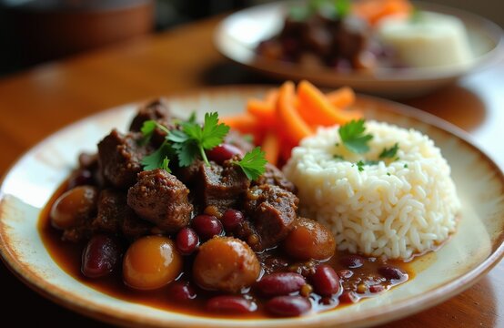 Hearty beef stew with tender meat kidney beans and fluffy white rice. Sliced carrots and fresh parsley garnish plate. Served on rustic ceramic dish. Delicious meal.