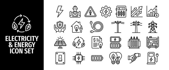 Electricity and energy icon set linear vector icons of power, green energy, solar panel, battery, electric car charger, voltage, power line, generator, switch © Abir Creative Studio