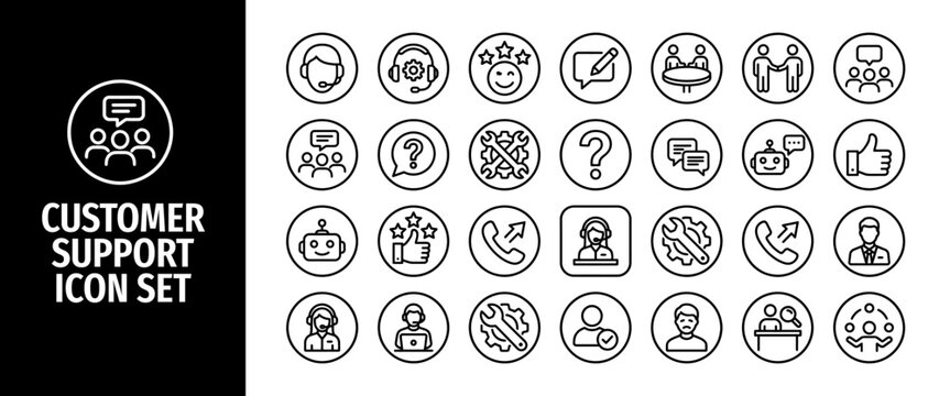 Customer support icon set this set includes icons for helpdesk, call center, online chat, feedback, technical support, faqs, and various customer service interactions