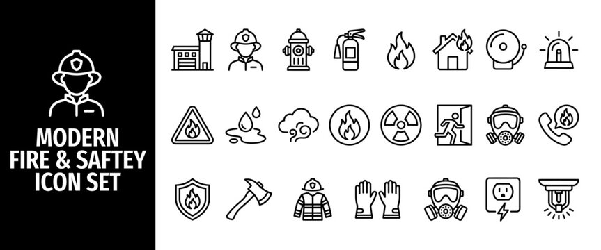 Modern fire and safety icon set linear vector icons of firefighter, extinguisher, hydrant, alarm, siren, gas mask, axe, emergency exit, hazard sign