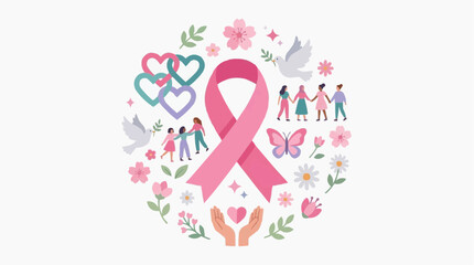 Fototapeta premium A beautiful graphic illustration representing breast cancer awareness, featuring a pink ribbon surrounded by symbols of hope, support, and unity. Isolated on white background