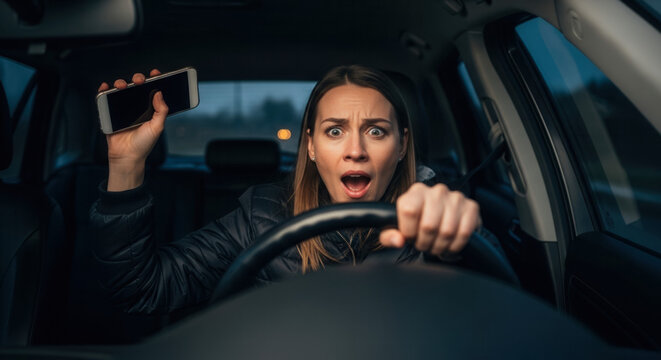 Caucasian woman driving car with shocked face holding smartphone, distracted driving and traffic accident risk at night