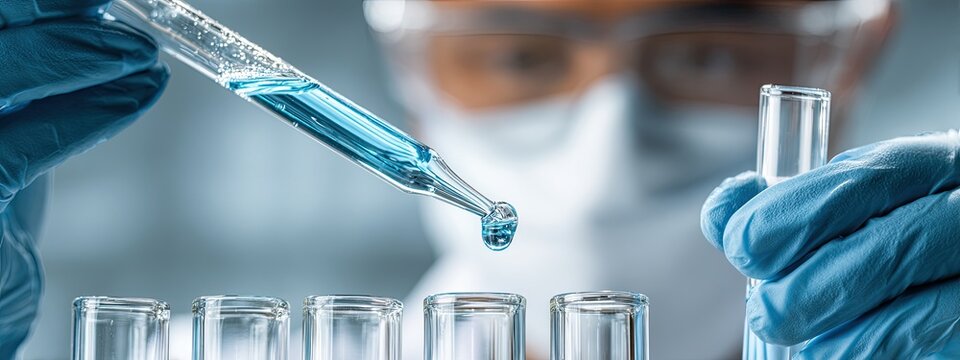 Scientist in laboratory conducting experiment with blue liquid in pipette and test tubes.
