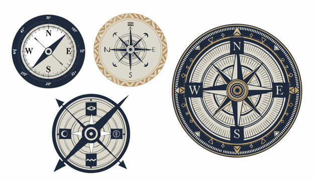 Very beautiful collection of adventure compasses featuring intricate markings, vintage explorer aesthetics, and elegant craftsmanship, isolated on a clean background in premium vector illustration sty