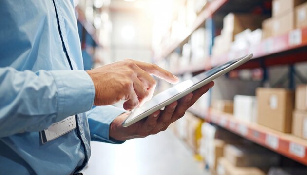 Warehouse worker using tablet for inventory management, logistics and supply chain