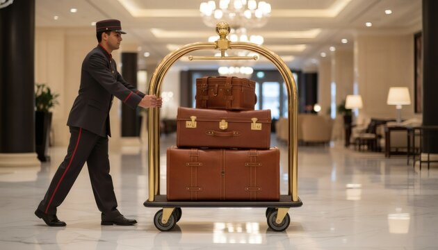 Professional hotel bellhop carrying luxury leather luggage on a golden cart in a 5-star resort lobby, representing high-end hospitality services concept