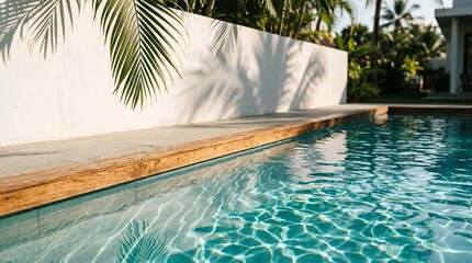 Obraz premium Sunlit minimalist outdoor swimming pool with clear blue water reflecting light. Tropical palm shadows on pristine white wall create serene luxury oasis