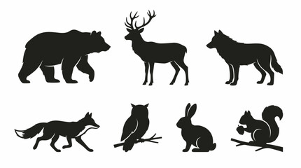 Obraz premium Minimalist graphic illustration set featuring diverse wild animal silhouettes including bear, deer, wolf, fox, owl, rabbit, and squirrel, ideal for nature and wildlife design