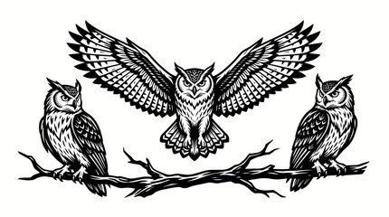 Obraz premium Detailed vintage vector illustration of three majestic owls, one soaring with widespread wings and two thoughtfully perched on a sturdy branch, captured in a classic woodcut style