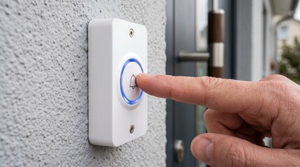 Naklejka premium Finger pressing modern white doorbell button with a blue light on a textured gray wall, symbolizing a visitor's arrival at a residential dwelling