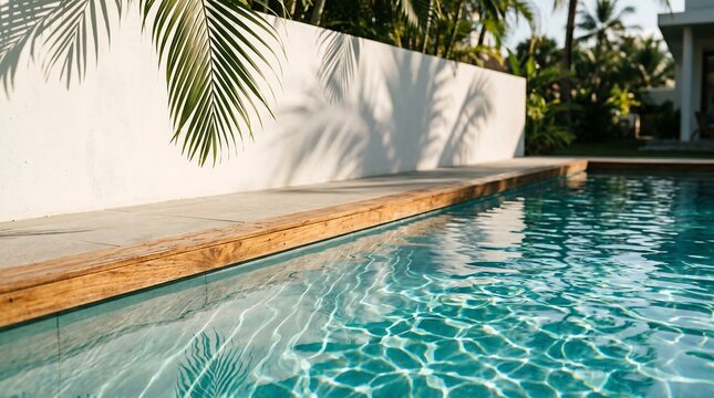 Sunlit minimalist outdoor swimming pool with clear blue water reflecting light. Tropical palm shadows on pristine white wall create serene luxury oasis
