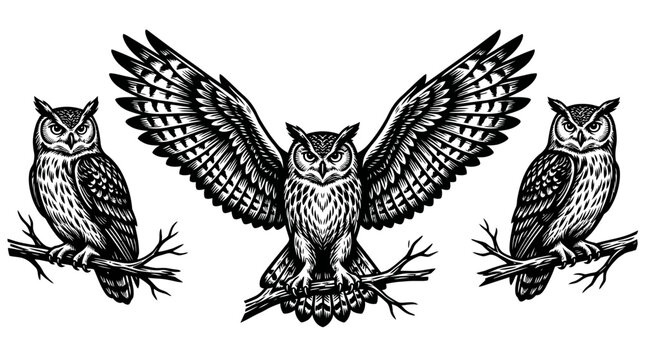 Detailed vector illustration featuring a trio of majestic owls, including a central bird with spread wings, and two others perched gracefully, rendered in a striking vintage engraving style