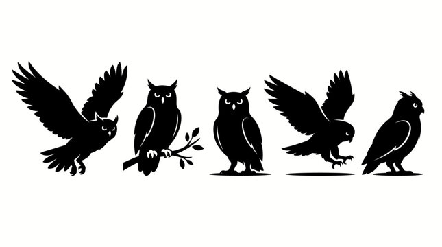Collection of sleek, high-contrast black owl silhouette illustrations showcasing various poses of these majestic nocturnal birds, ideal for nature and wildlife graphic designs