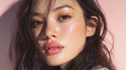 Fototapeta premium 美しい女性の顔のアップ。スキンケアや美容関連の広告や記事に最適な素材。