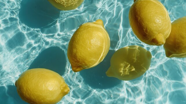 水面に浮かぶレモンの果実。爽やかなイメージや夏の涼感演出に最適な素材