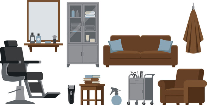 Vector illustration of barbershop furniture and tools including barber chair, mirror, sofa, and grooming equipment representing salon themes