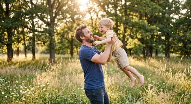 A heartfelt outdoor scene showing a father and son sharing a playful moment in nature during sunset. The image captures warmth, joy, and emotional bonding through natural movement 