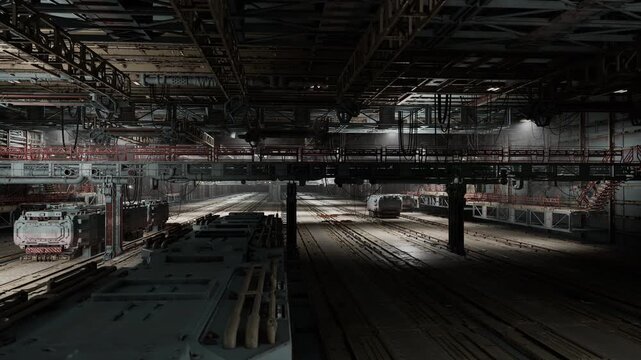 Dimly lit subway depot with trains, empty maintenance lanes, overhead cranes casting long shadows, industrial ceiling grid, rows of parked cars, quiet echo