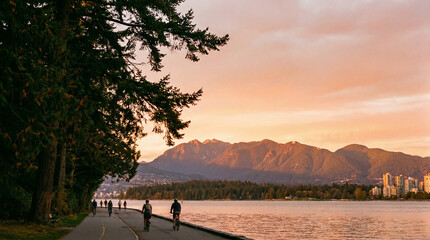 Fototapeta premium Vibrant Canadian landscapes bathed in the warm glow of a breathtaking sunset, showcasing serene waterfront activities and majestic mountain backdrops