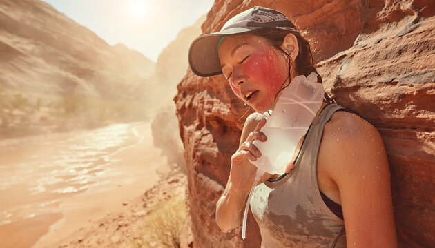 Young woman cools off in extreme heat by a river bank in a desert landscape during midday sun