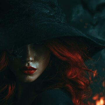 mysterious stock photo of a woman in a large black witch's hat that obscures her face, vibrant long red hair flowing, macro close-up of intense red lips with a small black spider hanging from the hat