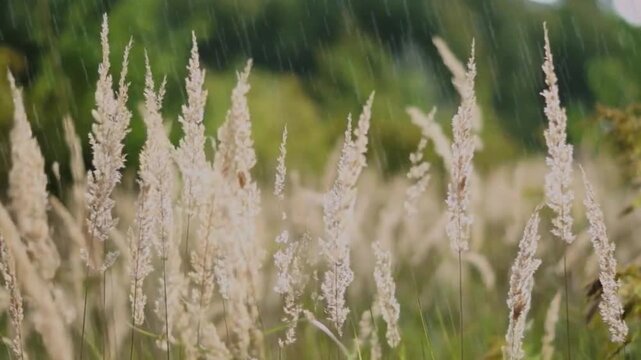 Vibrant Green Meadow Grass Blades Swaying Gracefully in Strong Summer Wind in 4K Cinematic Close Up