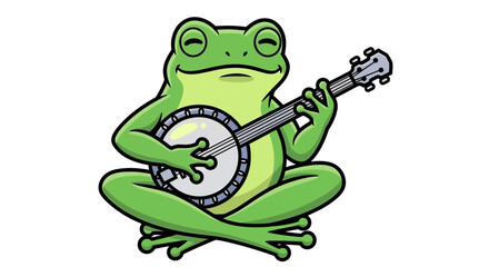 Obraz premium Green frog playing banjo, cartoon illustration, music concept
