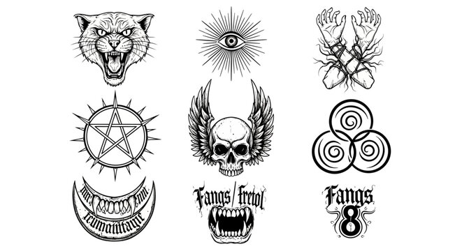 Tattoo designs, skull, wolf, eye, pentagram, crescent moon, gothic, occult symbols
