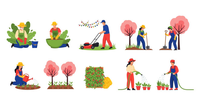 People gardening and landscaping in spring, yard work concept, colorful flat illustrations