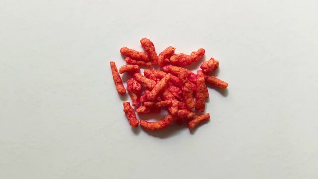 Spicy orange corn puff snacks isolated on white background