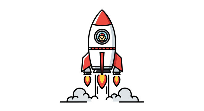Cartoon rocket launching into space with smoke clouds, astronaut waving