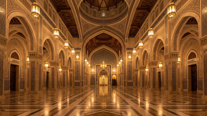 Fototapeta premium Majestic Islamic hall with endless rows of elegant arches, warm golden lighting, and reflective flooring creating a luxurious architectural masterpiece without people.
