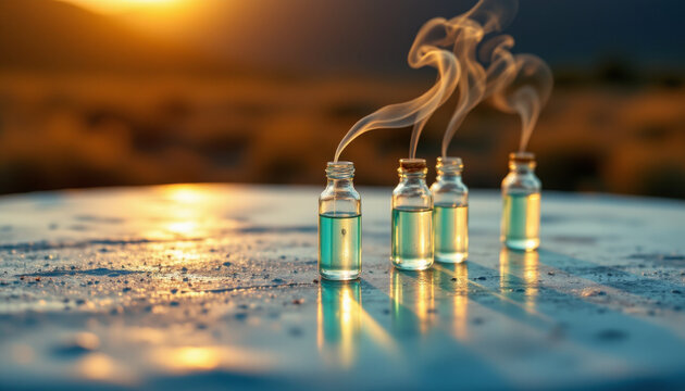 Aromatic essential oil bottles with rising smoke on reflective surface during sunset creating warm and calming atmosphere