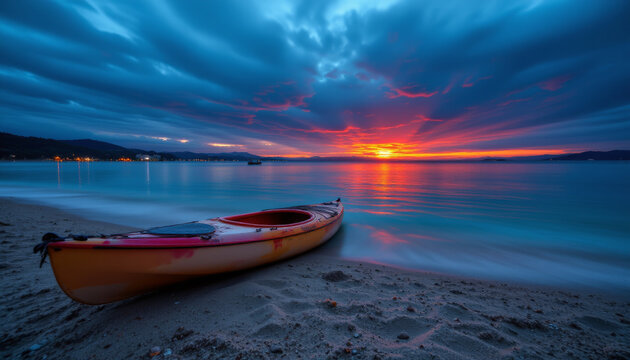 Kayak rests quietly on sandy beach at sunset with vibrant orange and blue sky reflecting on calm water, creating peaceful scene
