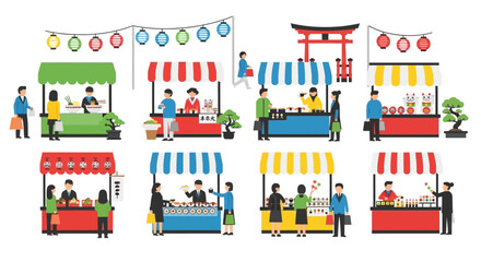 Naklejka premium Japanese Festival Market Stalls with People and Lanterns