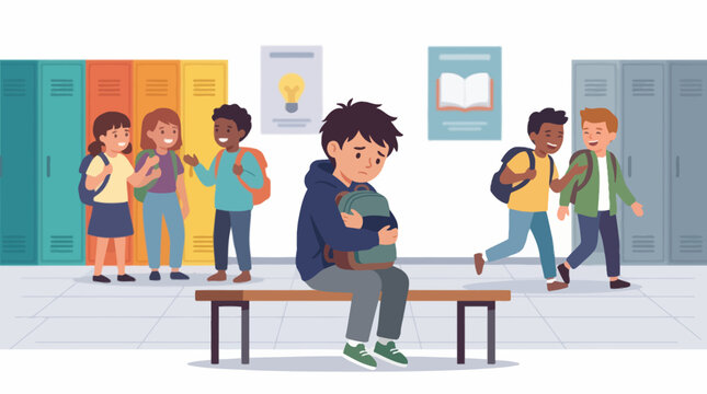 Sad boy sitting alone on a bench in school hallway while other students socialize, concept of school bullying and social isolation