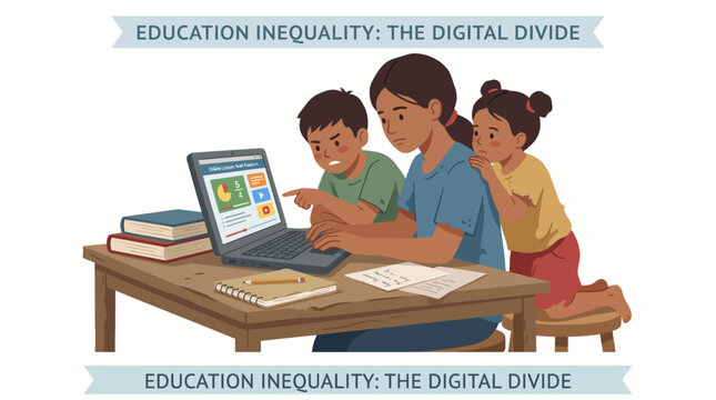 A mother and two children studying together at a desk on a laptop representing the challenges of remote learning and educational access