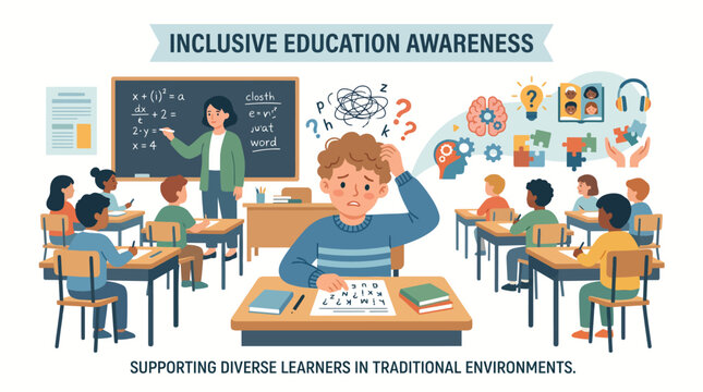 Diverse classroom illustration showing a student with learning difficulties receiving support and inclusive education in school