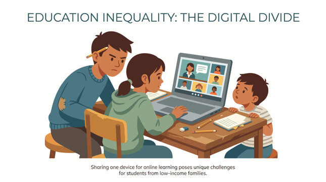 Children sharing a single laptop for remote learning illustrating the digital divide and education inequality in low-income families