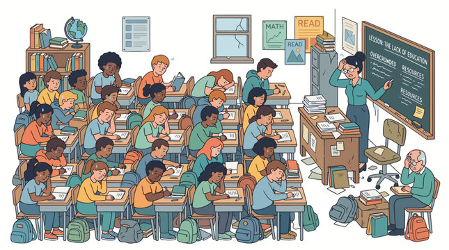 A chaotic classroom scene unfolds with a stressed teacher trying to manage a disengaged and unruly group of students, with signs of disarray visible throughout the room