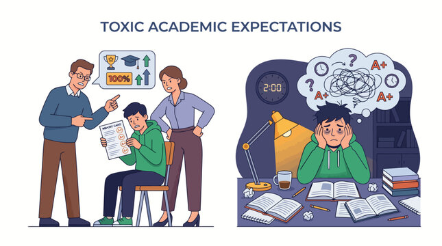 Overwhelmed student struggles with the burden of high academic expectations and parental pressure, highlighting the detrimental effects on mental well-being