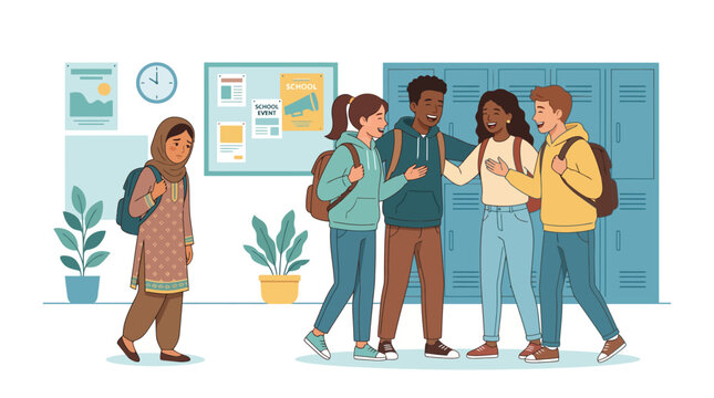 A lone student feels isolated and excluded while a group of diverse classmates socializes happily in a school hallway, illustrating themes of loneliness and social anxiety