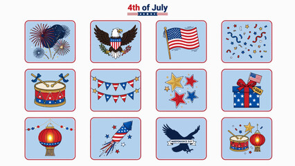 Fototapeta premium American Independence Day vector icon sheet, full color