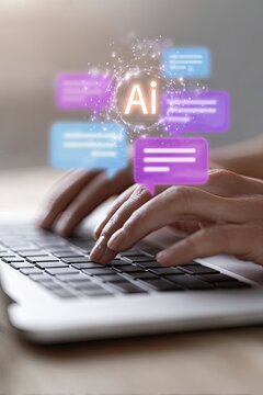Hands typing on laptop with AI chat bubbles emerging.