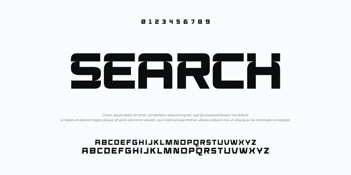 Futuristic modern techno sci fi bold display stencil font, abstract geometric clean monospaced letter set typeface