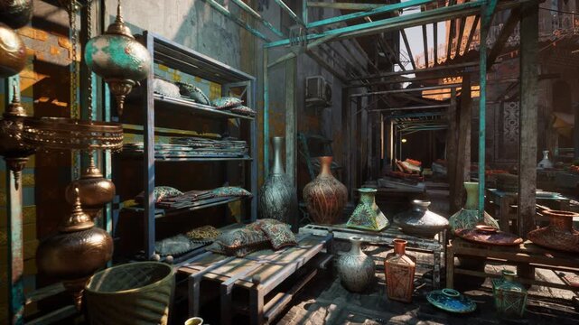 sunlit narrow market alley with pottery, shelves filled with vases and bowls, artisan arranging ceramics under turquoise metal racks, warm morning glow,